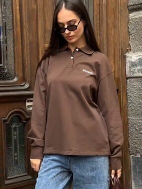 Miu Miu Taupe-Brown Long Sleeve Polo with Chest Logo